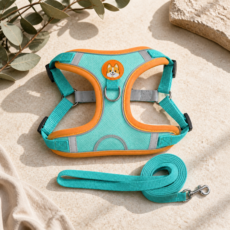 Aqua and orange Everyday Harness Set with matching lead
