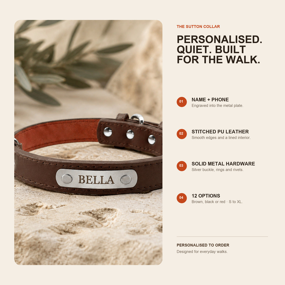 Sutton Collar features: engraved plate, stitched padded PU leather and silver hardware
