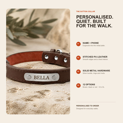 Sutton Collar features: engraved plate, stitched padded PU leather and silver hardware