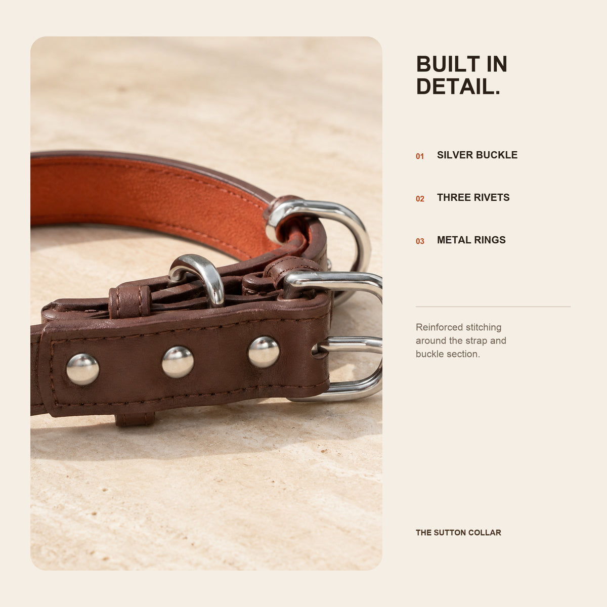 Close detail of the Sutton Collar buckle, three rivets, stitching and metal rings