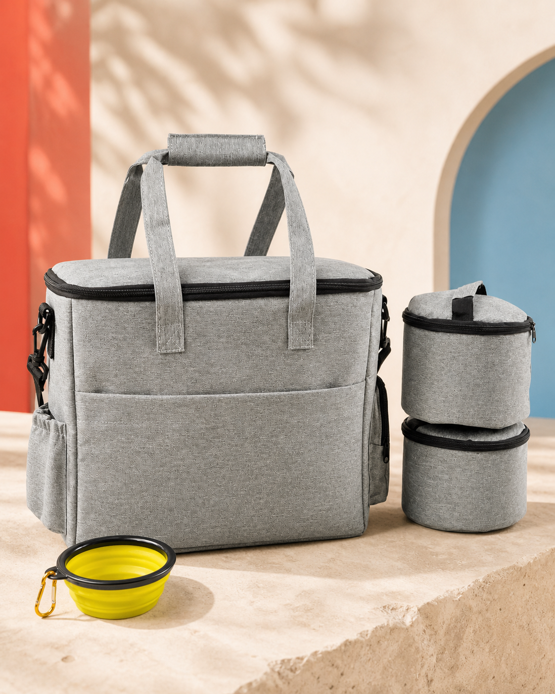 Weekender Food Bag with two food containers and one collapsible bowl