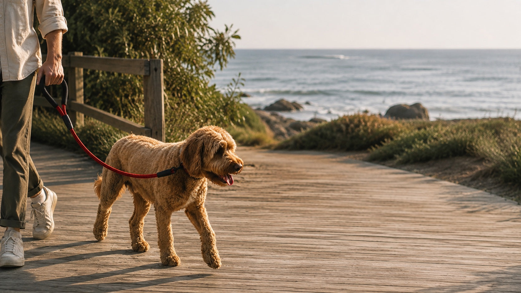 Dog walking with the red and black Sutton Lead on an Australian coastal boardwalk